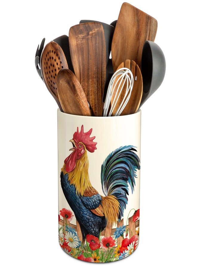 Hexagram Rooster Decor Utensil Holder, Rooster Chicken Kitchen Decor Ceramic Utensil Holder for Farmhouse Chicken Kitchen Decorations Indoor Rustic Farmhouse - Image 1